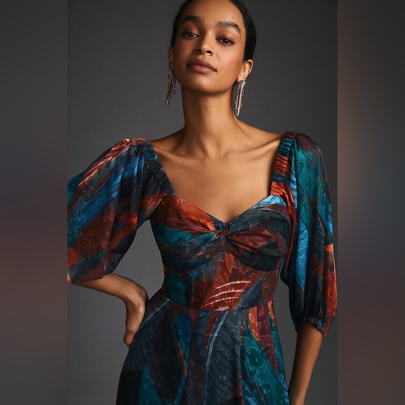 Hutch Printed Twist-Front Puff-Sleeve Ruffle-Hem Dress in Blue Motif - Picture 5 of 9